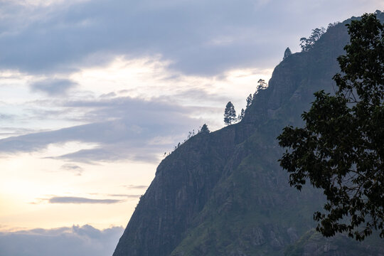 Dramatic view of Ella Rock mountain in Sri Lanka at dawn. Majestic cliff silhouette during pre-dawn twilight with misty valleys and soft blue hour light, famous trekking destination.