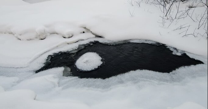 Partially frozen river on a cold winter day, Tikkurilankoski, Vantaa, Finland, Europe.