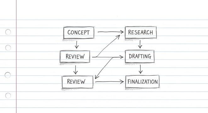 Business workflow development process: concept, research, review, drafting, and finalization on lined paper