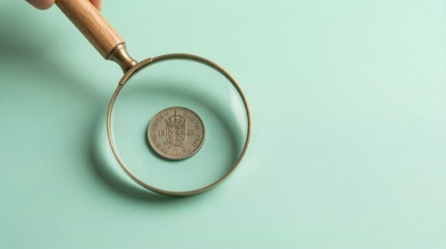 A wooden magnifying glass zooming in on a vintage 1962 British One Shilling coin featuring Queen Elizabeth II, representing financial research or numismatics.