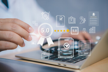 Doctor evaluating healthcare quality rating with 5 star medical service interface on laptop. Digital healthcare technology showing patient feedback, hospital review system, medical quality assessment.