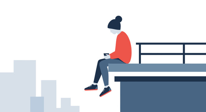 Person sitting on ledge looking down.