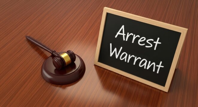 Courtroom gavel and arrest warrant sign on wooden table symbolizing legal proceedings