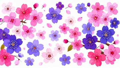 Scattered pink, purple and white cherry blossoms on white background, spring floral pattern, greeting card, copy space