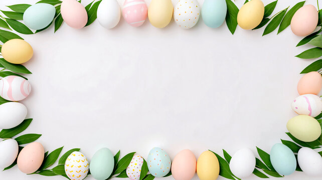 Rahmen aus Ostereiern und gr&uuml;nen Bl&auml;ttern auf wei&szlig;em Hintergrund