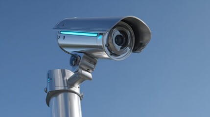 The Surveillance Camera Mounted on a Metal Pole Against a Clear Blue Sky
