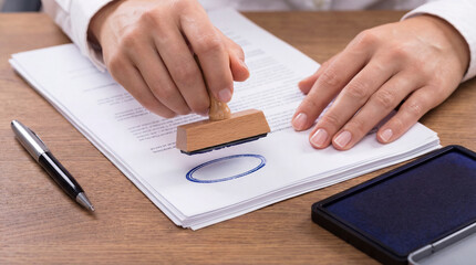 Hands stamp document on office desk. Rubber stamp marks paperwork near ink pad, pen, contract pages, showing stamp approval, verification, legal compliance, business workflow, corporate process