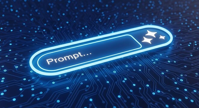 Futuristic digital interface with glowing prompt bar on circuit board background