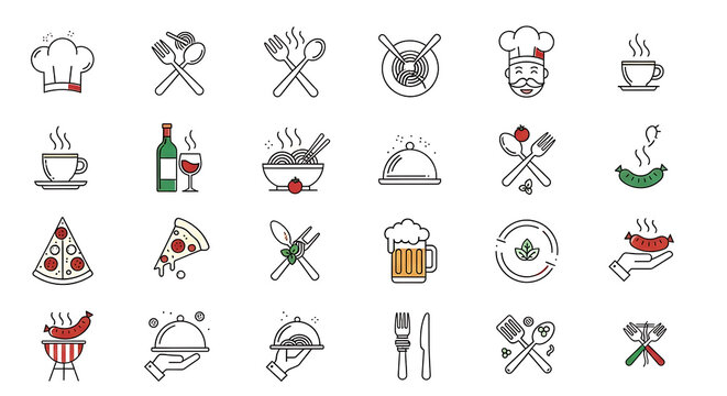 Classic Restaurant Essentials Line Icon Set - 18 Minimalist Food Symbols in 3x6 Grid with Chef Hat Fork Spoon Plate Coffee - Modern Monoline Vector Collection for Culinary Design