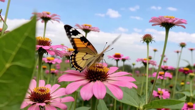 Beautiful butterfly on a pink flower in a sunny garden, nature scene.