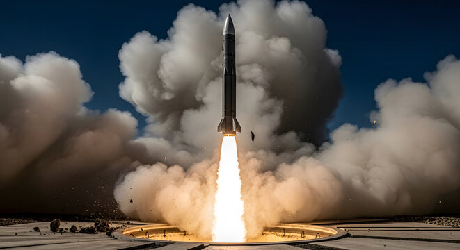 Rocket launch into blue sky with large plume of smoke and flame