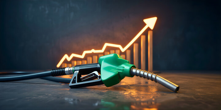 Fuel pump nozzle with rising arrow illustration symbolizing increasing energy costs, fuel prices and economic inflation trends