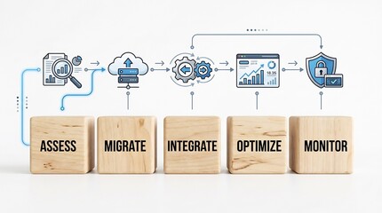 Data migration process with wooden blocks: assess, migrate, integrate, optimize, monitor.