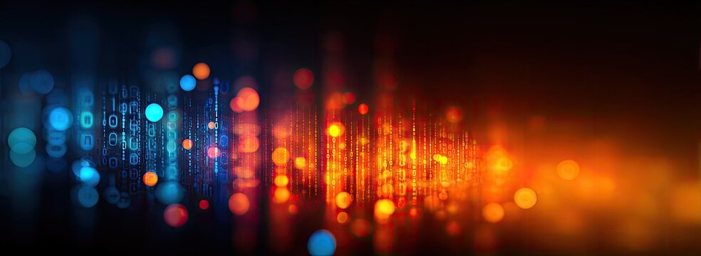 Abstract digital data stream with binary code and bokeh lights
