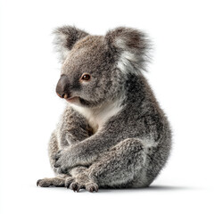 Fototapeta premium A fluffy koala sitting peacefully. The image features high-key studio lighting, intricate fur textures, and a minimalist aesthetic isolated on a white backdrop.