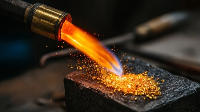 A goldsmith melting precious metal granules with small torch in jewelry casting crucible.
