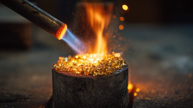 A goldsmith melting precious metal granules with small torch in jewelry casting crucible.