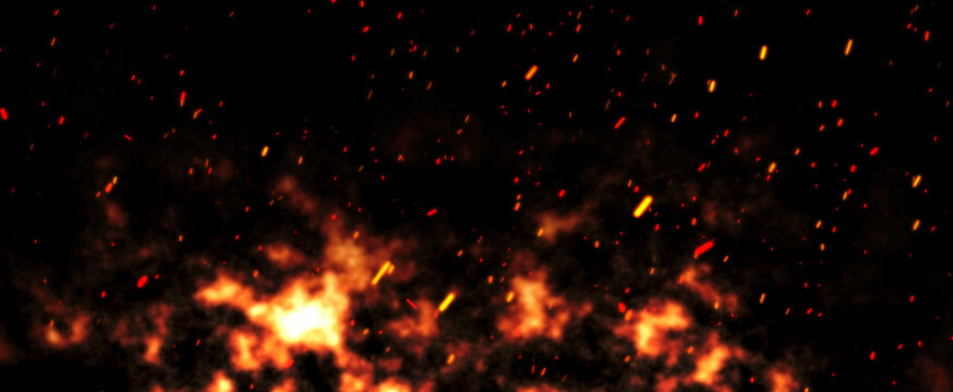 Glowing orange with fire embers sparks flying up from flames and smoke on dark black background