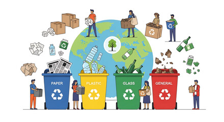 Fototapeta premium Global Recycling and Waste Management Initiatives People Sorting Trash into Labeled Bins for a Sustainable and Greener Future