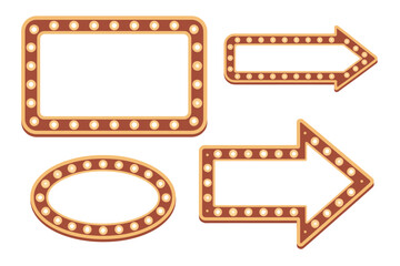Obraz premium Realistic vintage marquee light box, retro glowing bulb frames, cinema, theater, show promotion, blank billboard, arrow, banner template vector collection for design projects.