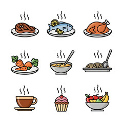 A comprehensive set of food and drink vector icons featuring coffee, pizza, sushi, and dessert illustrations for a restaurant menu or breakfast and dinner kitchen symbols