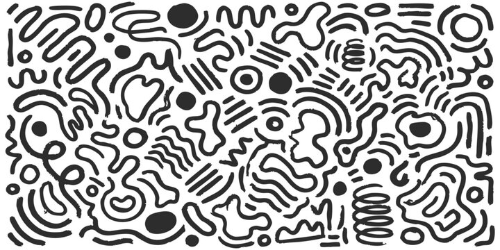 Abstract hand drawn doodle pattern with black squiggles and organic shapes on white background vector illustration for modern creative design