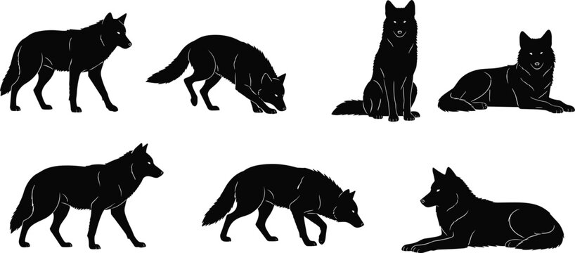 A collection of black wolf silhouettes in various poses including standing sitting and lying down