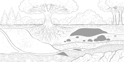 Obraz premium Detailed vector illustration cross section of a landscape showing tree roots, soil layers, and underground caves in sketch style