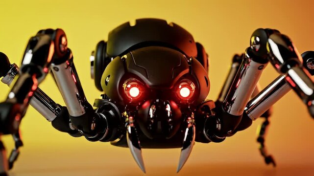 A futuristic robotic spider with glowing red eyes moves forward in a video
