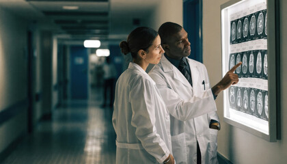 Fototapeta premium Diagnostic imaging doctors review brain scans hospital corridor showing focused medical analysis