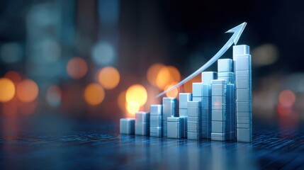 The bar chart illustrating upward financial growth against a futuristic blue city bokeh backdrop