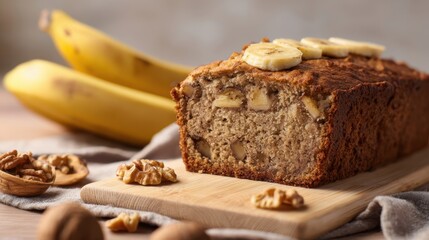The Banana Bread Loaf with Sliced Bananas and Walnuts on a Wooden Board