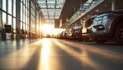 Fototapeta premium Gleaming automobiles lined up in a sun-drenched showroom, casting long shadows
