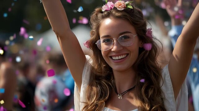 Young Woman Celebrating with Confetti at Outdoor Festival