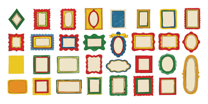 Set of quirky colorful hand drawn picture frames with varied shapes and borders vector illustration.