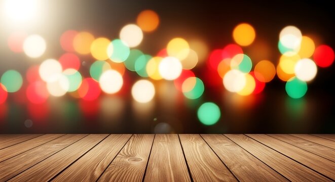 Blurred city lights on a wooden floor background