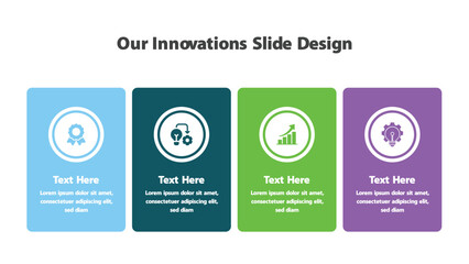 Four innovation presentation blocks with icons and text placeholders