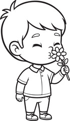Obraz premium Adorable chibi boy character with closed eyes smelling a delicate flower in a simple line art style, Generative Ai