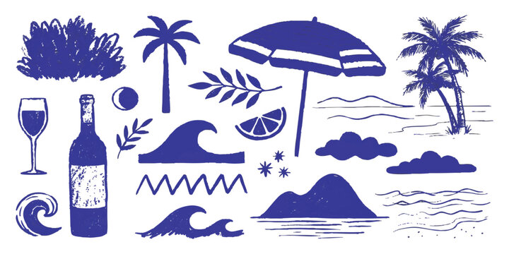 Collection of blue doodle summer vacation icons with beach umbrella, palm trees, and ocean waves vector illustration.