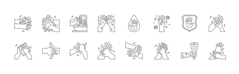 Obraz premium set of 16 thin line hand washing icons such as hand washing, cleaning, hand washing, editable stroke vector illustration isolated on white
