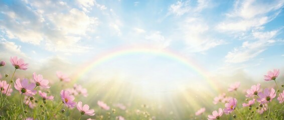 Fototapeta premium Breathtaking sunrise over a colorful flower field nature landscape peaceful environment vibrant viewpoint serenity and beauty captured in images