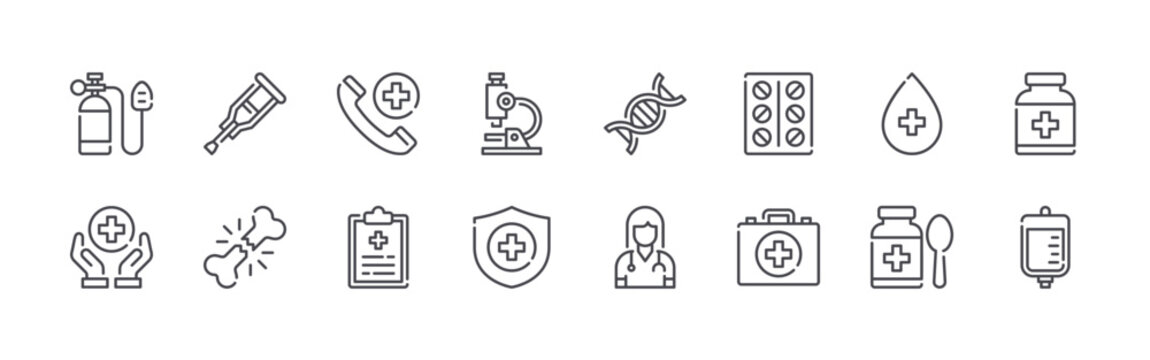 set of 16 thin line medical icons such as oxygen tank, healthcare, crutch, broken bone, emergency call, medical report, microscope,, dna. editable stroke vector illustration isolated on white