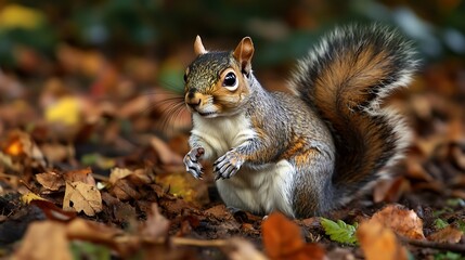 Obraz premium A cute grey squirrel with a furry tail sits on a tree in the park eating a brown peanut as this wild rodent enjoys its food in nature