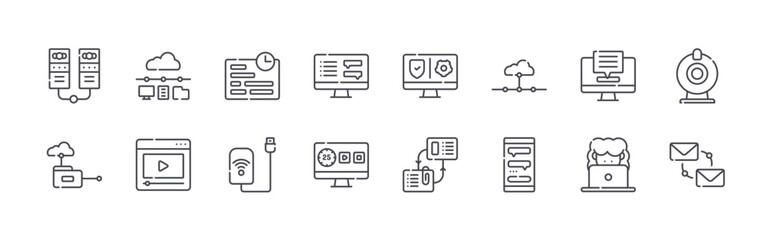 Obraz premium set of 16 thin line telecommuting icons such as servers, cloud computing, network, video, deadline, wifi, chat box, time, vpn. editable stroke vector illustration isolated on white