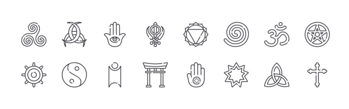 set of 16 thin line spiritual symbols icons such as triskelion, buddism, horn of odin, taoism, hamsa, humanism, sikhism, torii gate, manipura. editable stroke vector illustration isolated on white