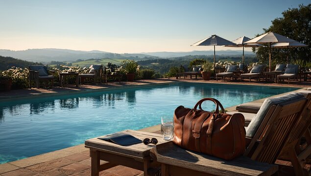 Luxurious poolside scene with travel bag, tablet, and scenic rolling hills backdrop