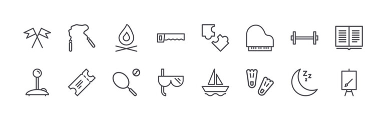 set of 16 thin line activities icons such as racing flag, videogames, rope toy, ticket, fire, tennis, saw, diving mask, puzzle. editable stroke vector illustration isolated on white © Lukas