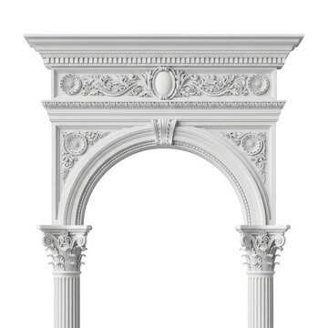 A white archway with ornate carvings on the columns and arch