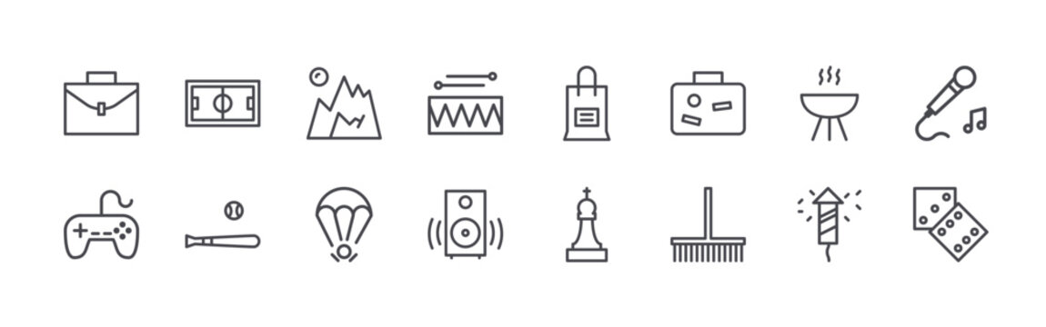 set of 16 thin line activities icons such as briefcase, gaming console, football, baseball, mountain, parachute, drums, music box, shopping bag. editable stroke vector illustration isolated on white