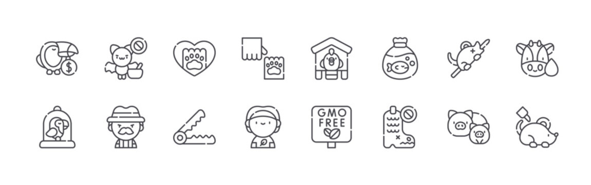 set of 16 thin line animal welfare icons such as wildlife, bird cage, bat, hunter, paw, bear trap, paw, vegan, chicken. editable stroke vector illustration isolated on white